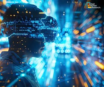  Man with VR headset in high-tech city, immersed in virtual reality experience. 