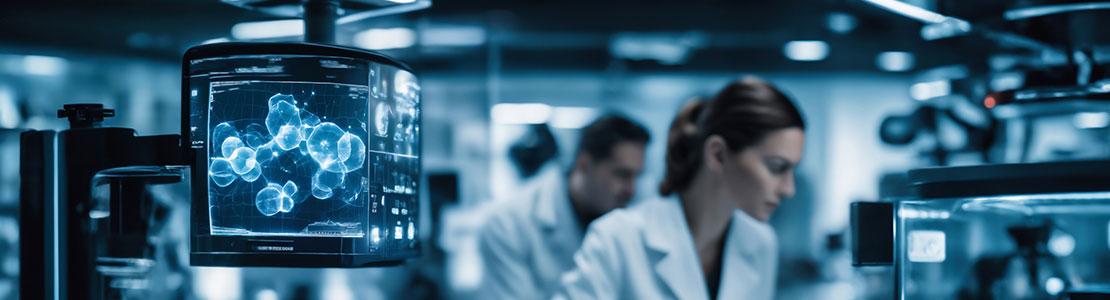 A scientist surrounded by holograms and computer monitors in a high tech laboratory A scientist surrounded by holograms and computer monitors in a high tech laboratory
